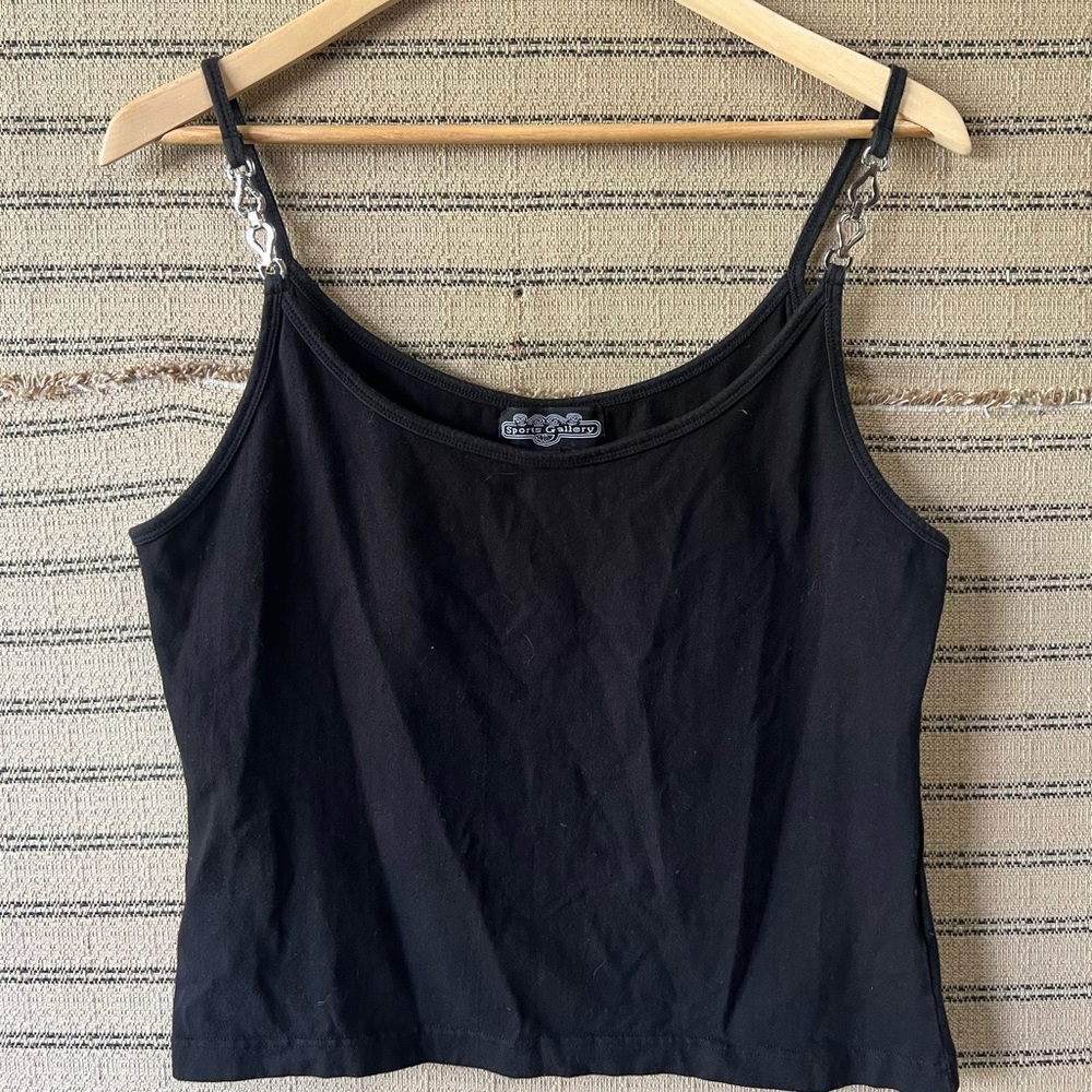 Y2K Sports Gallery Black Spaghetti Strap Top with Silver Clasps Details